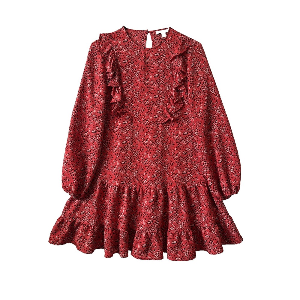 Topman Red Ditsy‎ Leopard Ruffle Shift Dress Women's 2 Relaxed Boho Chic Retro